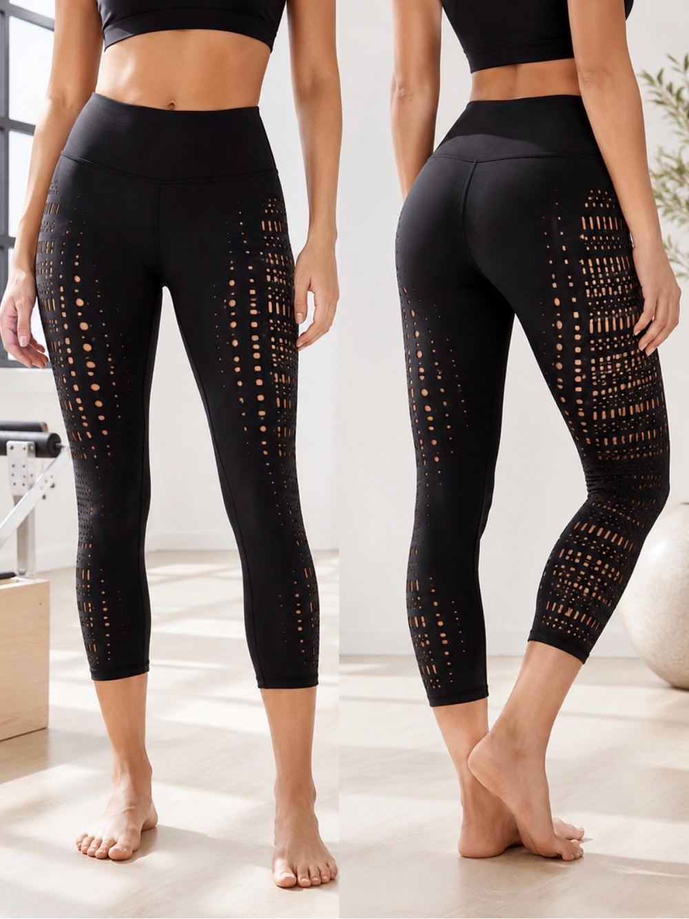 BELOFORTE Sienna Laser Cut Cropped Leggings Women’s M Black Yoga Pilates luxury